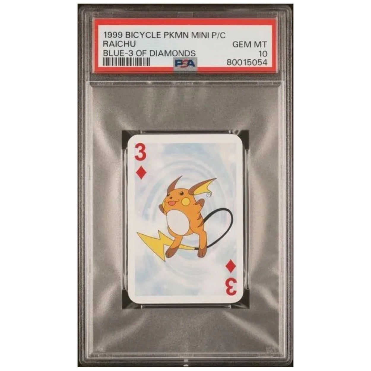 1999 raichu pokemon card 1999 Bicycle Pokémon Mini Playing Cards Blue Deck Raichu 3 of Diamonds – CardFaire